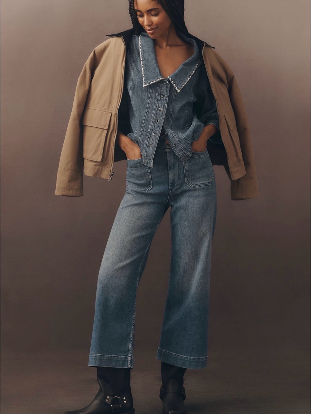 Maeve Washed Denim Cropped Wide-Leg Jeans - Blue
